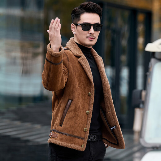 CJZ leather jacket men's parka winter plus velvet thickened jacket trendy warm fur integrated original ecological lamb wool light brown L