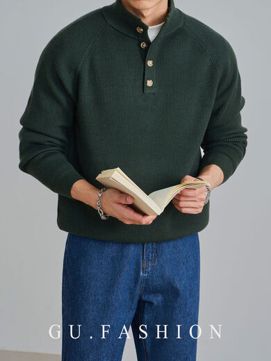 Wool blended GUFASHION autumn and winter wicker raglan henley collar sweater men's half turtleneck sweater black M M