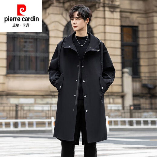 皮尔卡丹（pierre cardin）冲锋衣中长款过膝连帽风衣男春秋季薄外套秋冬季加绒加厚防寒大衣 黑色 S