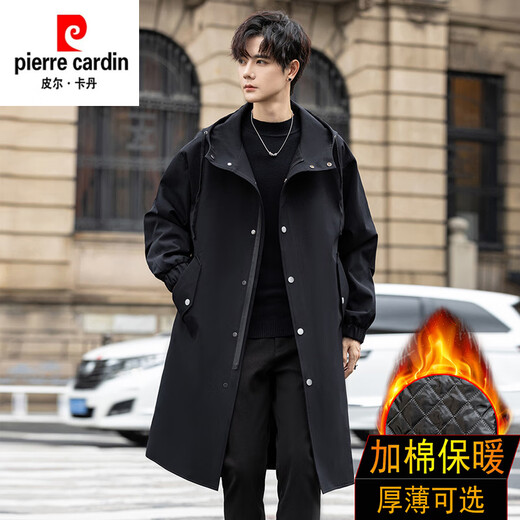 皮尔卡丹（pierre cardin）冲锋衣中长款过膝连帽风衣男春秋季薄外套秋冬季加绒加厚防寒大衣 黑色 S