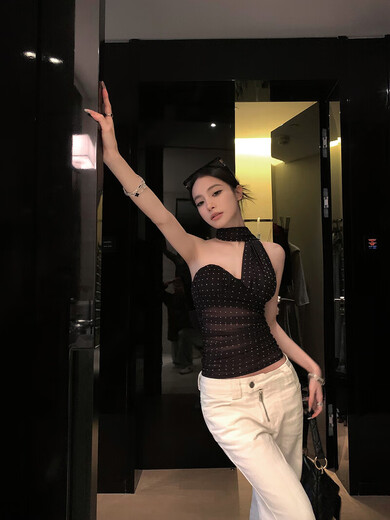 Wuu2Sweet Wu Taitian overlapped shadow weaving dream mesh breast pad camisole women's summer short top white polka dot S