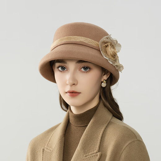 Lanshimengdai 2025 new French retro wool basin hat fashionable flower decoration top hat versatile hat autumn and winter women elegant khaki 56-58cm