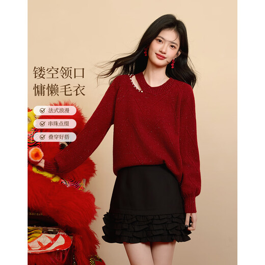 Shangjing Qiji Red Sweater Women's 25 Winter New Women's Clothing Hollow French High-Level Sense Lazy New Year's Red Sweater Women's Top