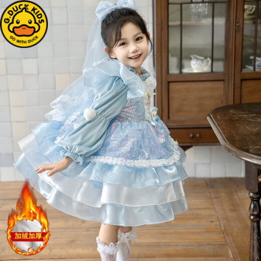 G.duck Girls Elsa Princess Velvet Thickened Dress 2025 Autumn and Winter Lolita Princess Dress Birthday Dress Puff Skirt Blue Velvet Free Veil 120