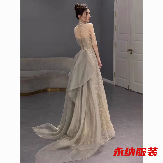 Mei Anjia champagne color evening dress women's new high-end niche art test host adult ceremony toast dress bride engagement dress champagne color 2XL