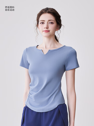 Xiaoying fitness clothing tops for women 2025 new high-end Pilates training yoga clothing short-sleeved morning running sports suit V-neck slimming short-sleeved gray lake blue S (recommended 85-95Jin Jin equals 0.5 kg)