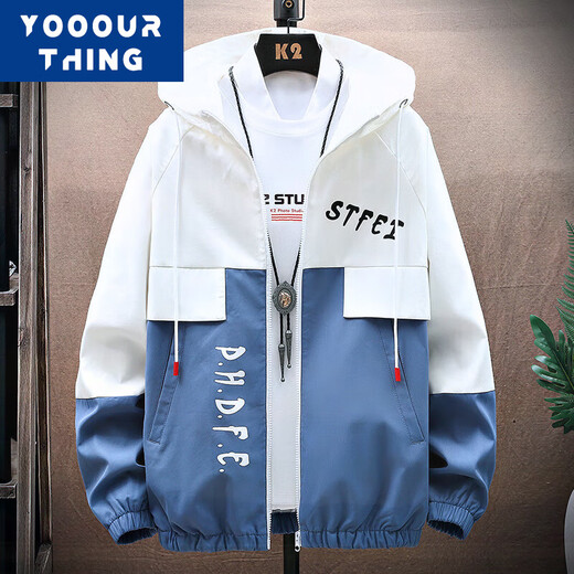 YOOOURTHING Spring and Autumn Jacket Men's Hooded Jacket Men's Splicing Trendy Korean Style Handsome Casual Slim Fit Versatile Work Jacket Upper White and Lower Blue XL (Recommended 110-135 Jin Jin equals 0.5 kg)