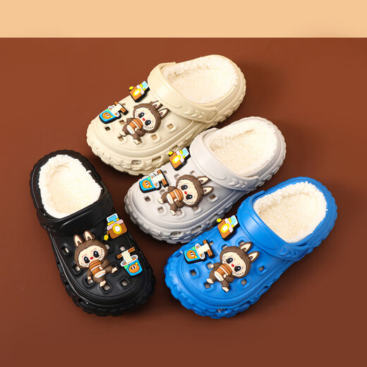 GOYN拉布布冬季加绒新款男童棉鞋居家室内防滑软底男孩宝宝儿童洞洞鞋 卡其色 24 _25