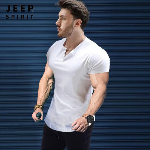 JEEP SPIRIT muscular man fitness round neck buttoned short-sleeved t-shirt cotton slim fit tough guy henley shirt sports top solid color t summer white XL