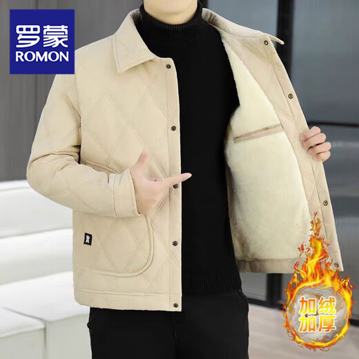 ROMON 2026 new winter cotton coat, trendy and handsome lapel, velvet and thickened warm cotton coat, winter casual cotton jacket, khaki XL