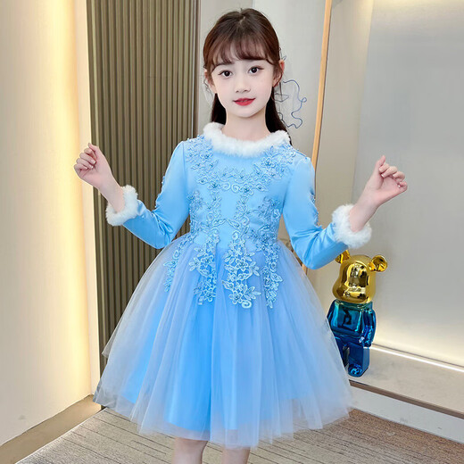 Girls' Autumn and Winter Plush Collar Short Dress Mesh Puffy Princess Dress Plush Cuffs Long Sleeve New Year's Eve Dress White 120 120cm