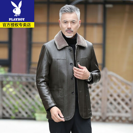 Playboy dad winter coat velvet thickened middle-aged 50-60 leather jacket 70 middle-aged and elderly men's fur all-in-one leather jacket black (button style) 4XL 195 suitable for 160-180 Jin Jin equals 0.5 kg