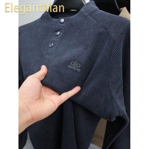 ElegantMan Warm and not bulky men's Henry collar velvet sweatshirt men's autumn and winter button casual bottoming shirt long-sleeved top beige M _90-110Jin Jin equals 0.5 kg