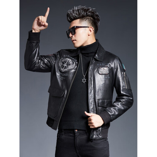 ARMANI EXCHANGE Armani 2025 new sheep leather jacket men's motorcycle jacket lapel B6 air force flight embroidered leather jacket spring and autumn black silk cotton + lamb fur collar L 110-125Jin Jin equals 0.5 kg