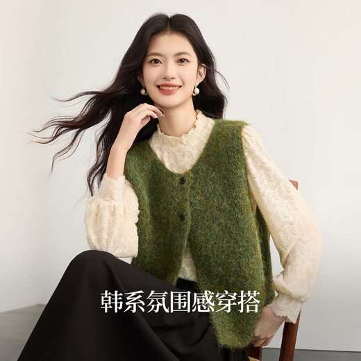 Sllsky Korean atmosphere green sweater vest autumn and winter women's loose layered imitation alpaca vest top Cream Apricot XL