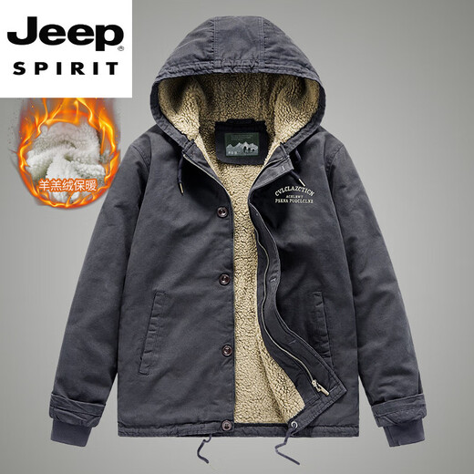 JEEP SPIRIT Chaqueta de algodón de Invierno Chaqueta de algodón de Terciopelo de Cordero Informal para Hombres más Terciopelo Engrosado Ropa de algodón con Capucha para jóvenes y de Mediana Edad Chaqueta de Ropa de Trabajo Retro Gris 1885 Pana L