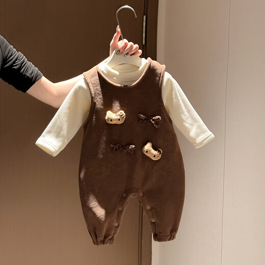 Mondelli baby clothes autumn and winter one-piece baby girl winter overalls two-piece set cute super cute little one-month-old full-month clothes coffee color kitten 90cm