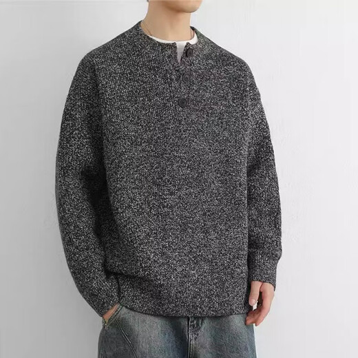 Elos Castle Henley Collar Sweater Men's Autumn and Winter Warm Loose Breasted Sweater Trendy Brand Casual Versatile Pullover Light Gray Sweater Black Gray 2XL