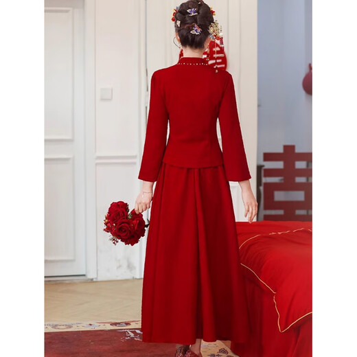Shifansen (SHIFANSEN) Toast Wear Bride 2025 New Winter Clothes Red Engagement Dress New Chinese Style Wedding Clothes Long Sleeve Autumn and Winter Burgundy Chinese New Style S Recommendation 92-100Jin Jin is equal to 0.5 kg