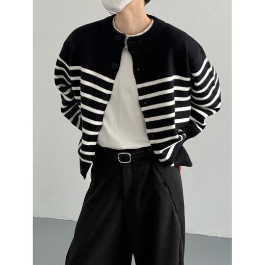 Lanlingfang autumn and winter Korean style fashionable vintage Henry collar contrast striped sweater cardigan for men and women loose simple knitted jacket trendy black striped M