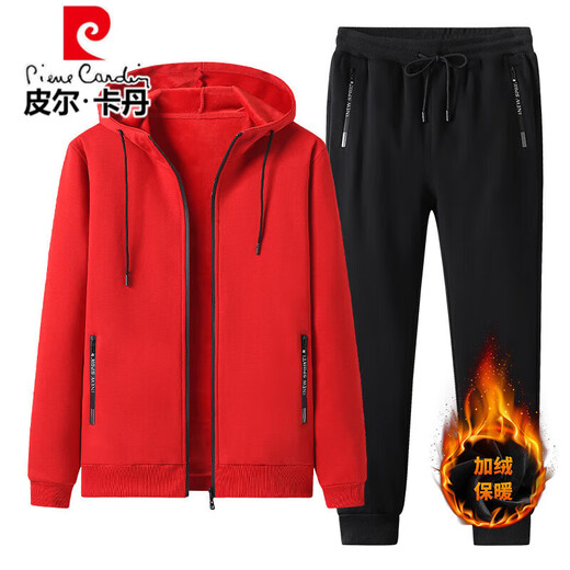 Pierre Cardin pure cotton sports suit men's autumn and winter velvet thickened hooded cardigan sweatshirt large size loose running two-piece set 5855 dark gray plus plush leg set XL 125-140Jin Jin equals 0.5 kg