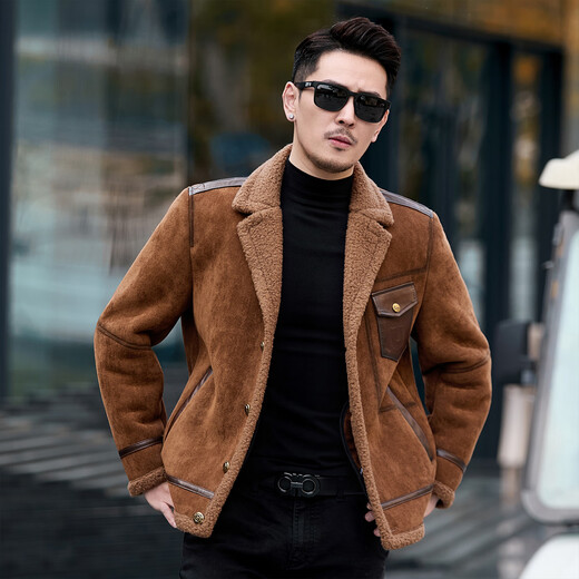 CJZ leather jacket men's parka winter plus velvet thickened jacket trendy warm fur integrated original ecological lamb wool light brown L