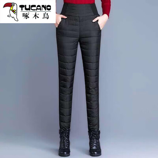 Woodpecker (TUCANO) Down Cotton Pants Women's Outer Wear High Waist New Women's Elastic Slim Korean Style Thickened Cold-Resistant Winter Warm Cotton Pants Women Black XL Recommended 115-125 Jin Jin equals 0.5 kg