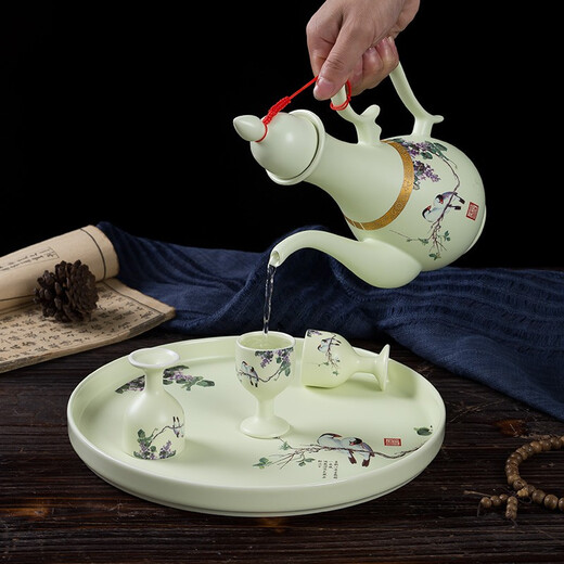 Hongying Ceramics Jingdezhen Chinese Antique Ancient Liquor Set Ceramic Small Wine Glass Goblet One-cup Wine Pitcher Wine Cup Yellow Wine Cup with Tray Gift Box Lilac Wine Set 10 Cups 1 Pot 1 Tray