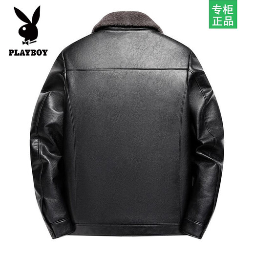 Playboy middle-aged and elderly men's dad thickened leather jacket men's velvet winter jacket men's middle-aged and elderly warm leather jacket men's black fur one-piece XL 180/96A recommended 125-140 Jin Jin equals 0.5 kg