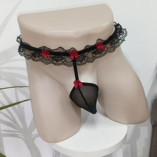 Sexy underwear men's lace sexy open-top temptation egg thong pearl massage low-waist hot transparent T-pants black one size