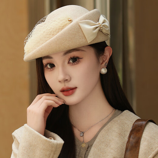 Kuosheng Australian woolen fashion hat women's autumn and winter felt hat mesh evening hat bow beret black adult one size (adjustable 56-58cm)