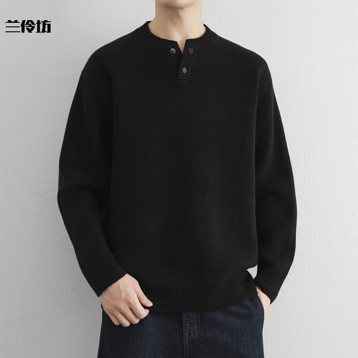 Lanlingfang high-end cotton Henry collar sweater men's loose long-sleeved pullover sweater with autumn and winter thickened bottoming shirt trendy black M_110Jin Jin is equal to within 0.5 kg