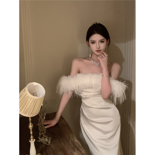 COMIC SOUL temperament one-shoulder white dress new women's spring and autumn slimming skirt French bottoming long skirt off-white S