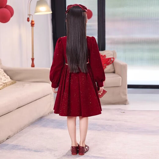 Girls Dress Autumn and Winter New Year Skirt Girls Little Fragrance New Year Princess Dress Composite Silver Fox Velvet Red Velvet 160