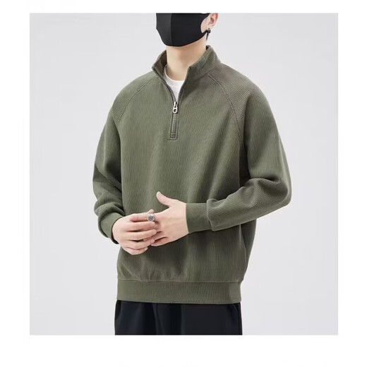 American half-zip sweatshirt for young men in spring and autumn, student ins long-sleeved T-shirt with bottoming henley shirt, green XL