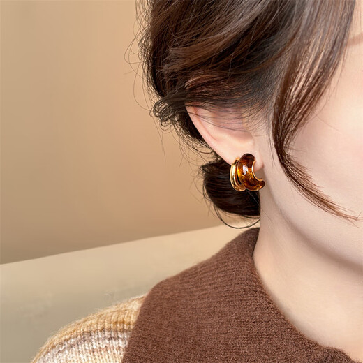 Pumanzhuji Maillard vintage amber 18K gold earrings 2025 new light luxury autumn and winter earrings asymmetric tiger eye stone one for two wear