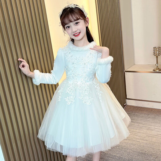Girls' Autumn and Winter Plush Collar Short Dress Mesh Puffy Princess Dress Plush Cuffs Long Sleeve New Year's Eve Dress White 120 120cm