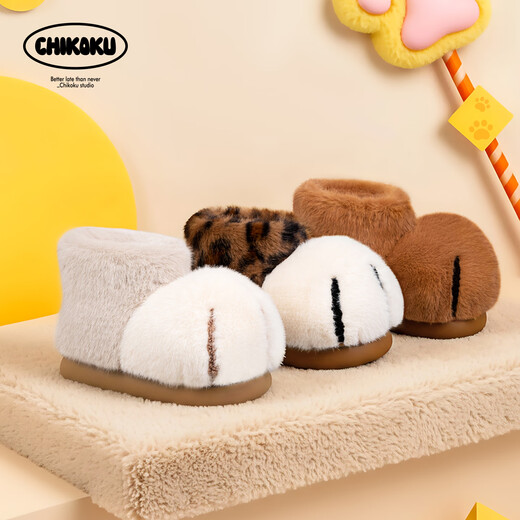 Chikoku Snowball Cat Scratch детская хлопчатобумажная обувь, новый зимний стиль для детей среднего и крупного возраста, бархатные теплые и противоскользящие хлопковые сапоги для мужчин и женщин для родителей и детей, леопардовый белый 42–43, подходит для размеров 41–42