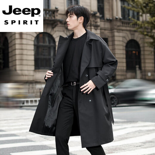 JEEP SPIRIT2025 new style windbreaker men's mid-length over the knee spring and autumn men's coat double-breasted Cthulhu civilian coat trendy black XL