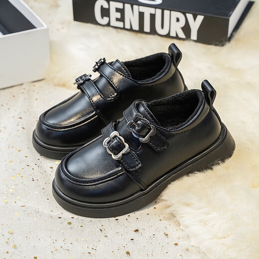 Girls' Velvet Leather Shoes 2025 Winter New Children's Princess Shoes College Style Small Single Shoes Soft Sole Black Loafers Black Velvet Size 32 Inner Length 19.6CM