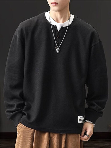 Yingtang autumn heavy cotton men's long-sleeved T-shirt loose large size American casual Henry collar bottoming shirt white M 90-130Jin Jin equals 0.5 kg