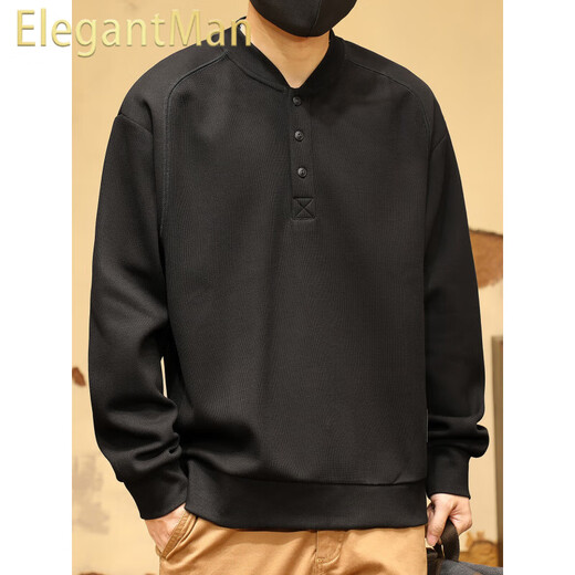 ElegantMan American retro heavyweight sweatshirt men's autumn Henry collar half cardigan coat men's autumn and winter long-sleeved POLO shirt black spring and autumn regular M _ -130Jin Jin equals 0.5 kg