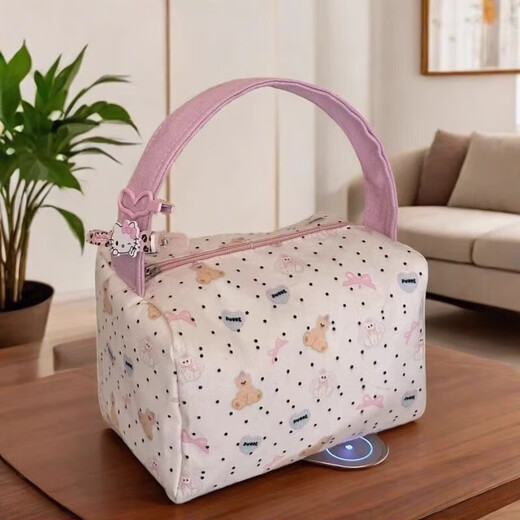 New ins cartoon bear convenient makeup and toiletry bag, travel storage bag, large capacity three-dimensional handbag, pink polka dot bear handbag