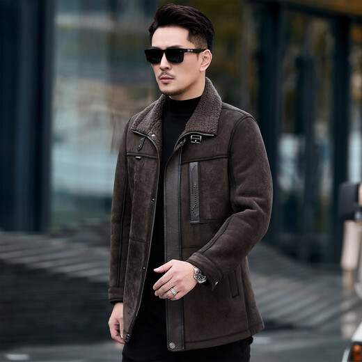 CJZ leather coat men's fur all-in-one casual winter thickened sheepskin warm mid-length coat men's leather jacket fur gray XL