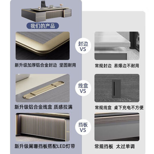 Boss desk, president, chairman desk, executive desk, manager office desk, office desk and chair combination 2000mm luxury executive desk + double side cabinets, rain fog oak-iron gray