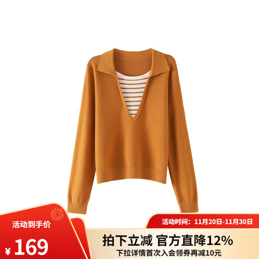 OSA fake two-piece striped stitching winter warm orange sweater for women winter new lazy lapel sweater top Orange S