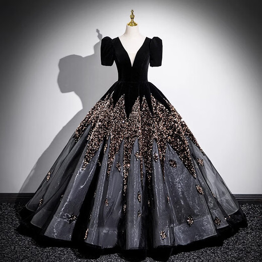 Ji Mi black evening dress hosted sequin student day coming of age ceremony art test vocal solo princess dress light luxury niche high-end black without bustle XL