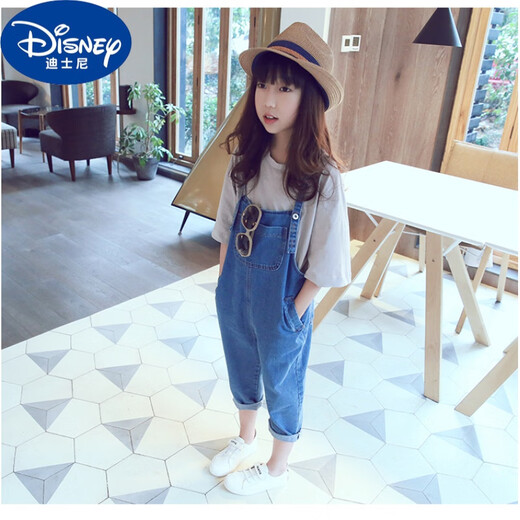 Disney brand girls' artistic overalls spring and summer 2024 new children's jeans medium and large children's loose nine-point pants blue 130cm recommended for 6-7 years old
