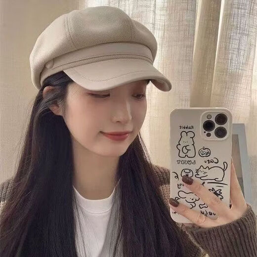 Kefuyan autumn and winter hat women's beret woolen retro trend new octagonal hat versatile face small duck tongue painter's hat woolen octagonal hat-brown gold label style M head circumference 54-62c adjustable