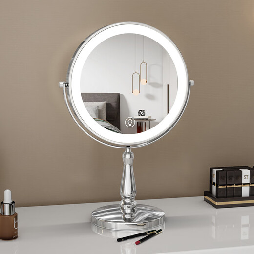 Large LED makeup mirror that can be raised and lowered. Telescopic double-sided illuminated mirror. Desktop magnifying mirror. Desktop beauty mirror can be adjusted in height. 9 inches. Silver. European and American models. 5x magnification.